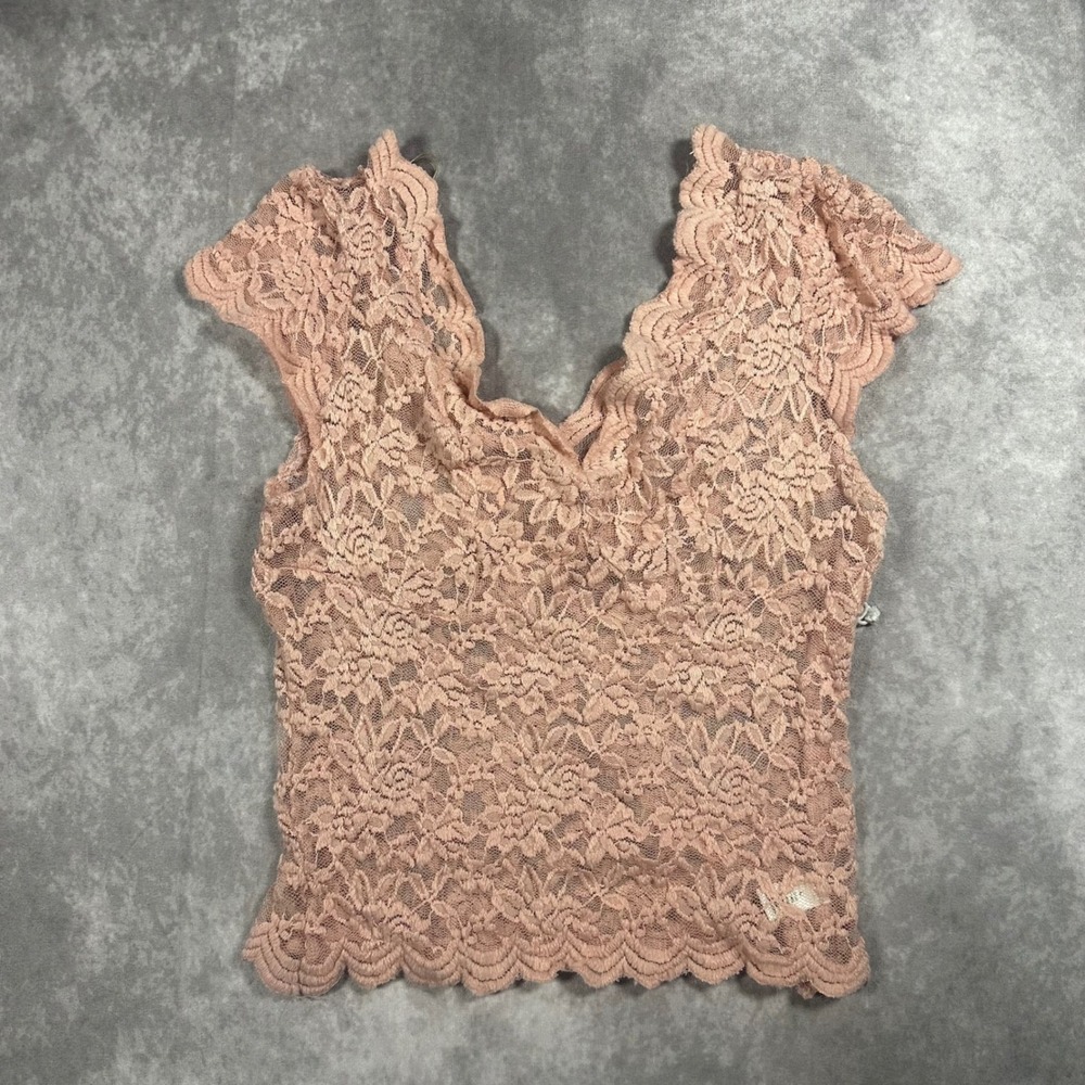 Active USA Women Pink Floral Lace V-Neck Cap Sleeve Top Size Large Cottagecore